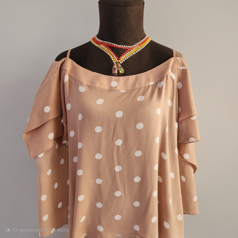 New York & Company Beige Polka Dot Ruffle Blouse